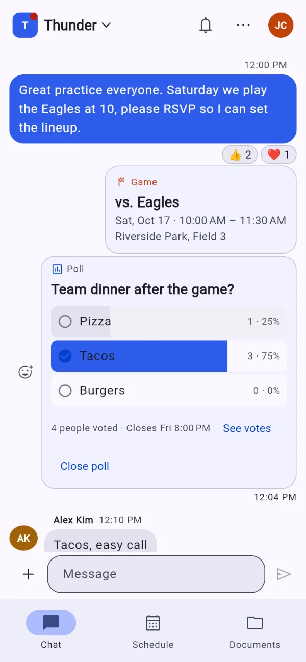 The team chat in Battleplan: a coach's message with thumbs-up and heart reactions, a game card for Saturday's game against the Eagles, and a poll about the team dinner.
