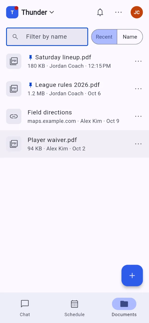 The Documents tab: a pinned Saturday lineup and league rules, a link to field directions, and a player waiver, each with its size, who added it, and when.
