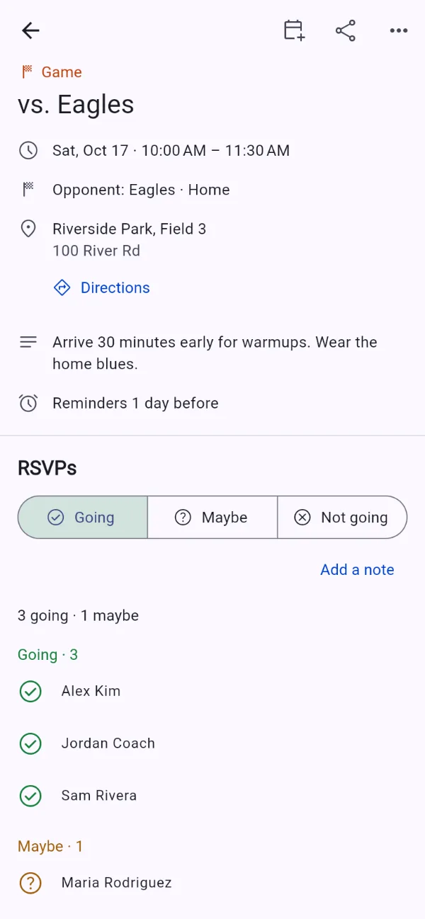 Event details for a game against the Eagles: date and time, opponent, field and directions, a reminder one day before, Going, Maybe, and Not going buttons, and the list of who is going.