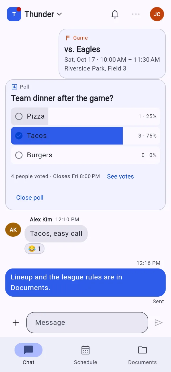 The team chat: a game card for Saturday's game against the Eagles, a poll about team dinner, a teammate's reply with a laughing reaction, and the coach pointing everyone to the lineup in Documents.