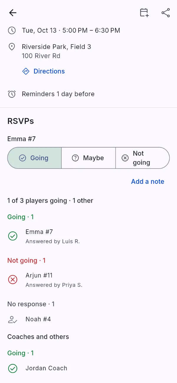 An event's RSVPs: a parent answers Going for Emma #7. The list shows 1 of 3 players going, each player with the person who answered for them, and the coach going under Coaches and others.